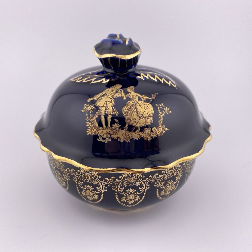 Limoges Castel France Blue 22k Gold Courting Couple Rose 4.25" Trinket Box